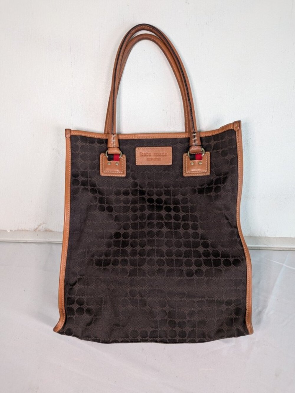 Kate Spade Dot Noel Brown Jacquard Tall Tote Cognac Leather Trim Bag